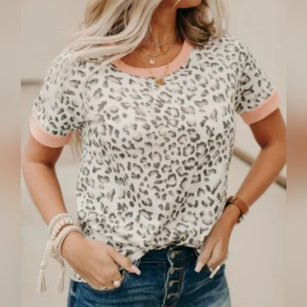 NWT'S- CACTUS MOON - Leopard Print with Pink Neck/Cuffs Tee-Top - Various Sizes